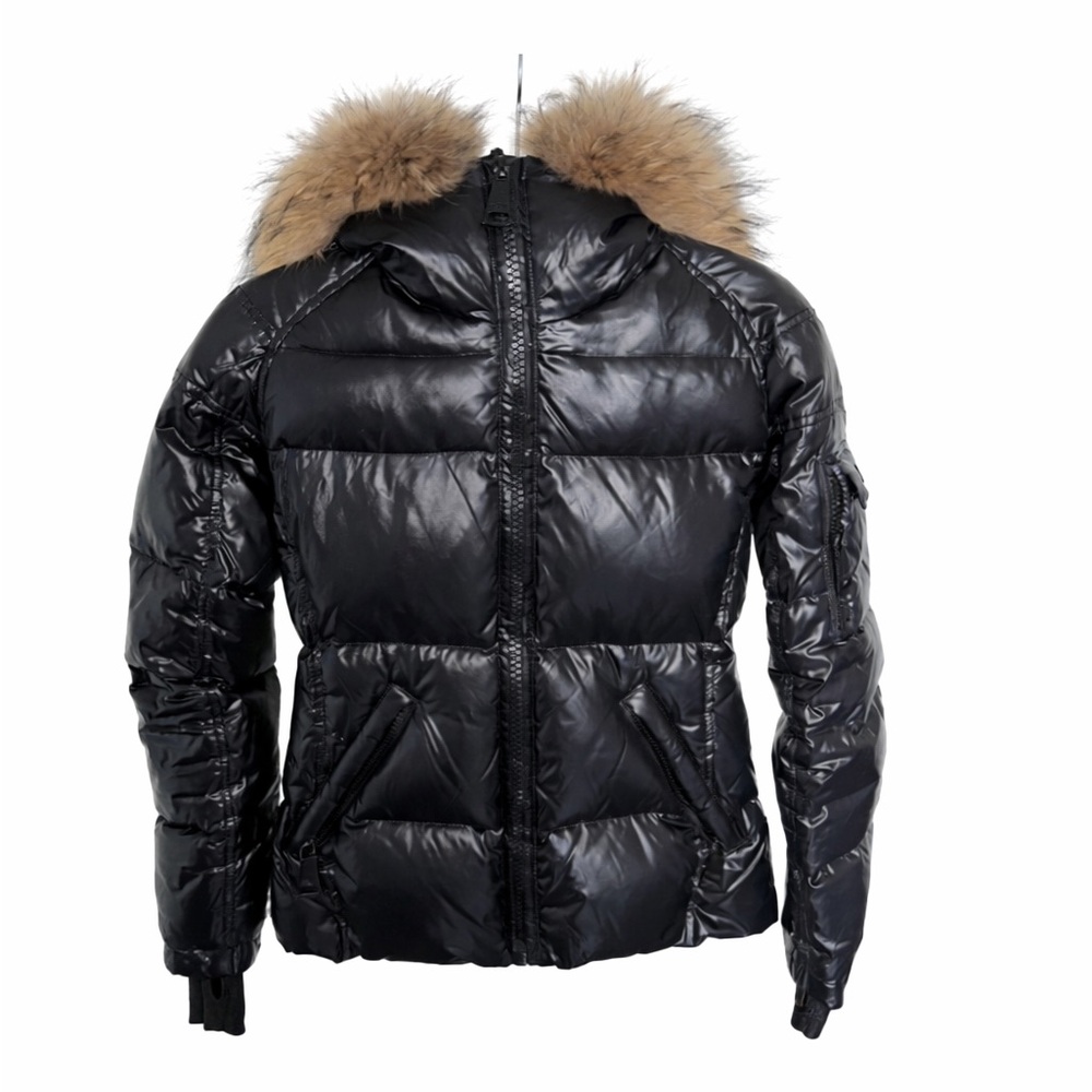 SAM. Black Puffer Jacket with Brown Fur Trim